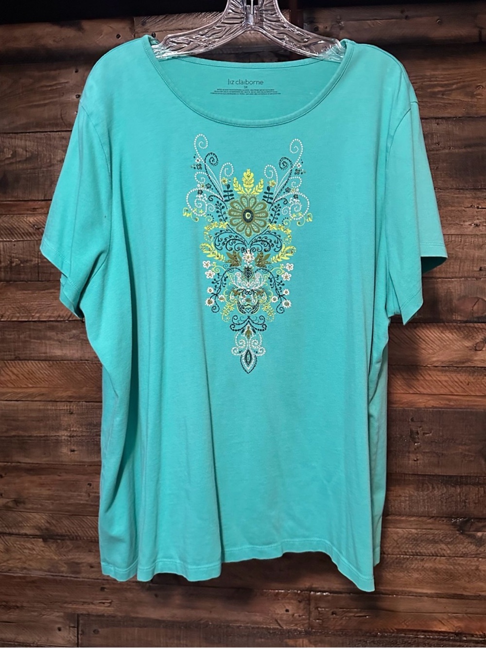 Liz Claiborne Teal Blue Embroidered Boho T-Shirt Top